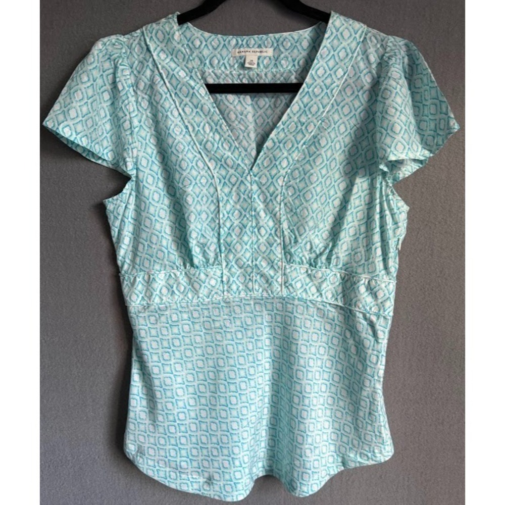 Banana Republic‎ Top Silk Women Size 14 Multicolor Geometric V Neck Short Sleeve